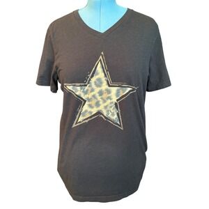 Haute Mess Womens Black V-Neck Leopard Print Star Graphic T-Shirt Size L